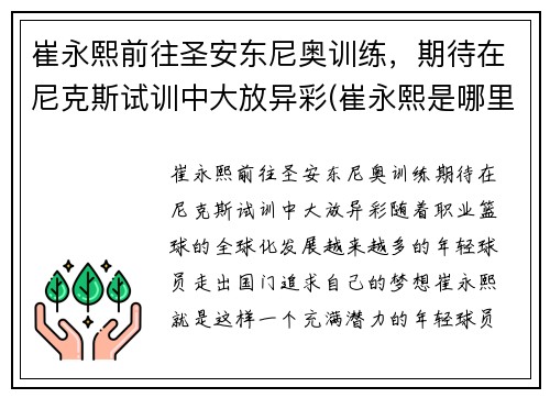 崔永熙前往圣安东尼奥训练，期待在尼克斯试训中大放异彩(崔永熙是哪里人)