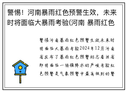 警惕！河南暴雨红色预警生效，未来时将面临大暴雨考验(河南 暴雨红色预警)