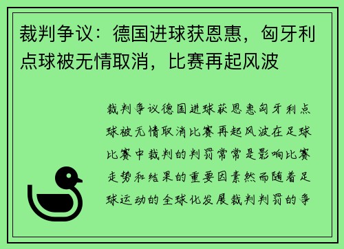 裁判争议：德国进球获恩惠，匈牙利点球被无情取消，比赛再起风波