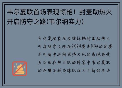 韦尔夏联首场表现惊艳！封盖助热火开启防守之路(韦尔纳实力)