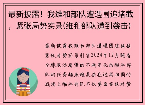 最新披露！我维和部队遭遇围追堵截，紧张局势实录(维和部队遭到袭击)